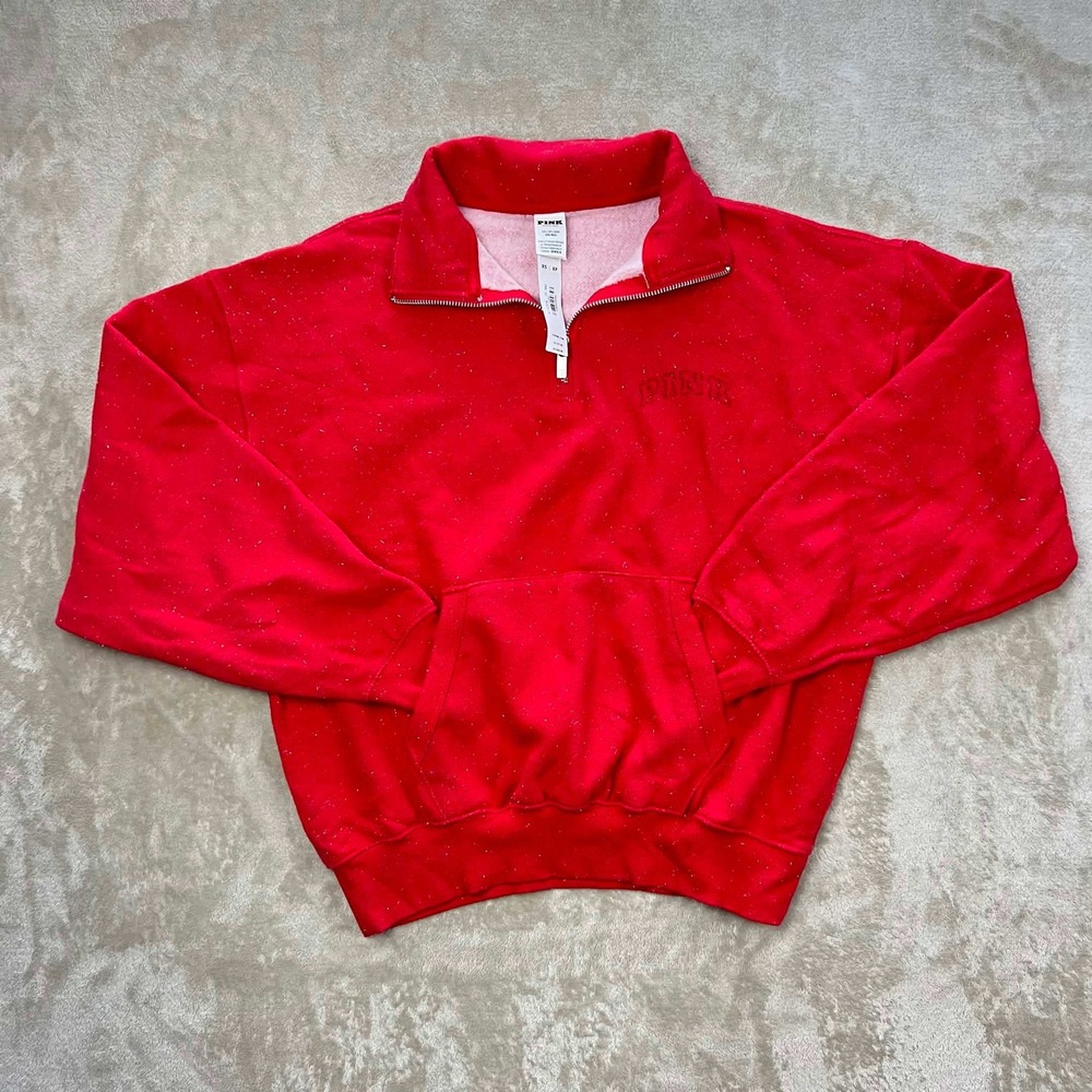 Victoria's Secret PINK Red Speckled Quarter Zip Pullover Sweatshirt XS Oversized